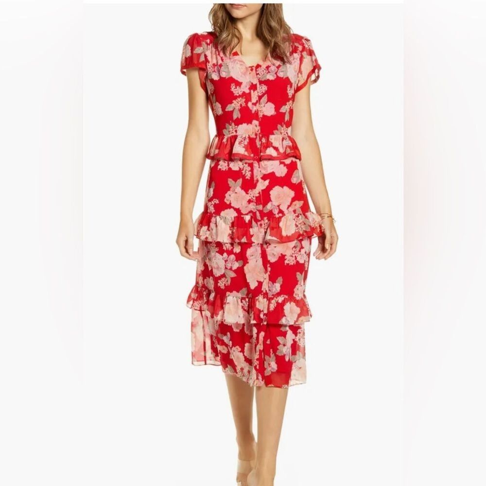 Rachel Parcell Red Floral Ruffle Button Down Midi Shirtdress Medium